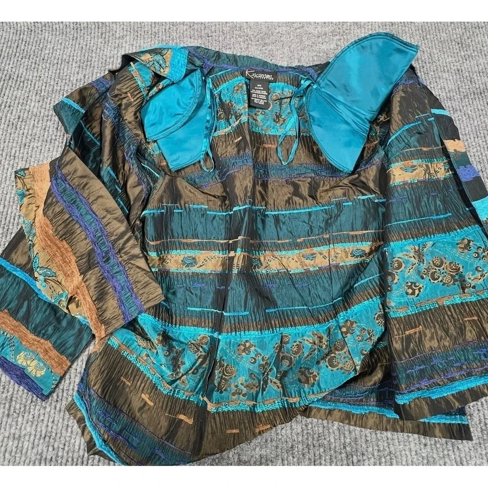 K Woman Collection Jacket Blazer Blue Brown Floral Women 16W Boho Open Front VTG